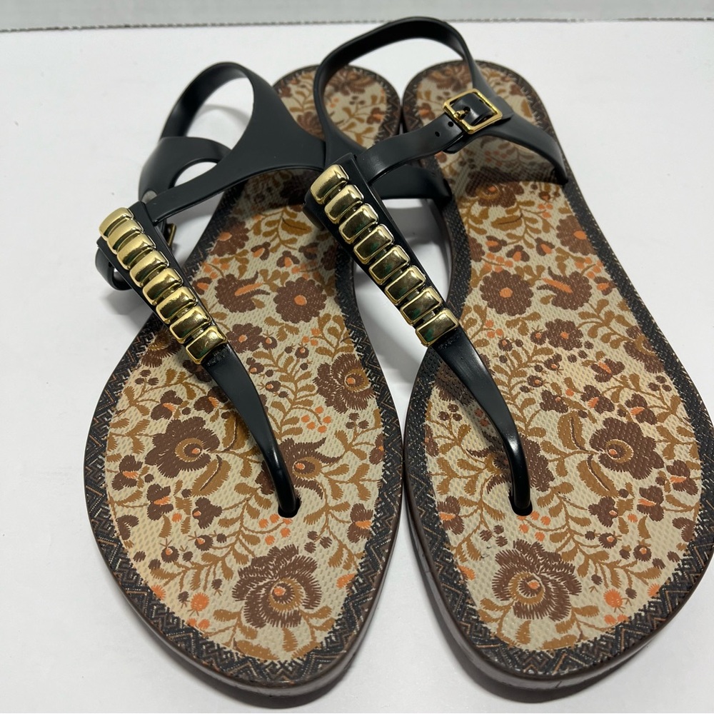 Grendene Flip Flops Floral Brazil Brown Gold metal T-straps  rubber outsole 10